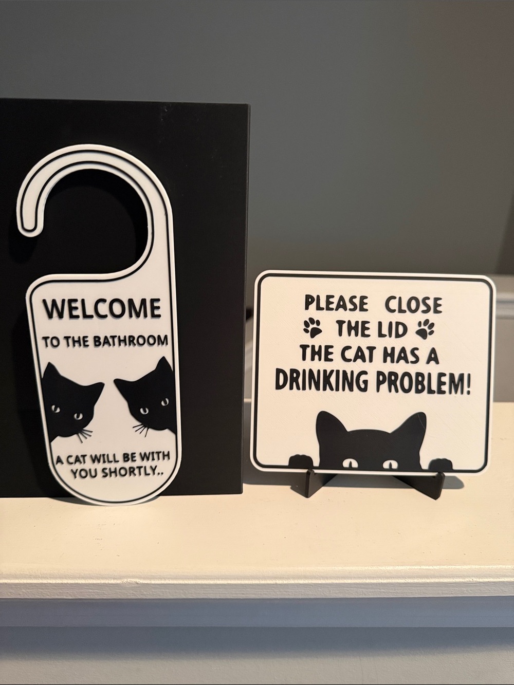 Black & White Cat Bathroom Door Hanger and Sign Set